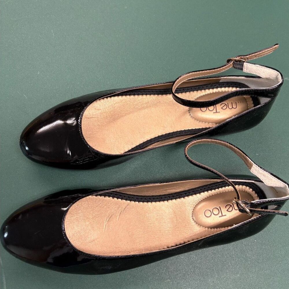 Me Too "Accent" Black Patent Leather Ankle Strap Flats